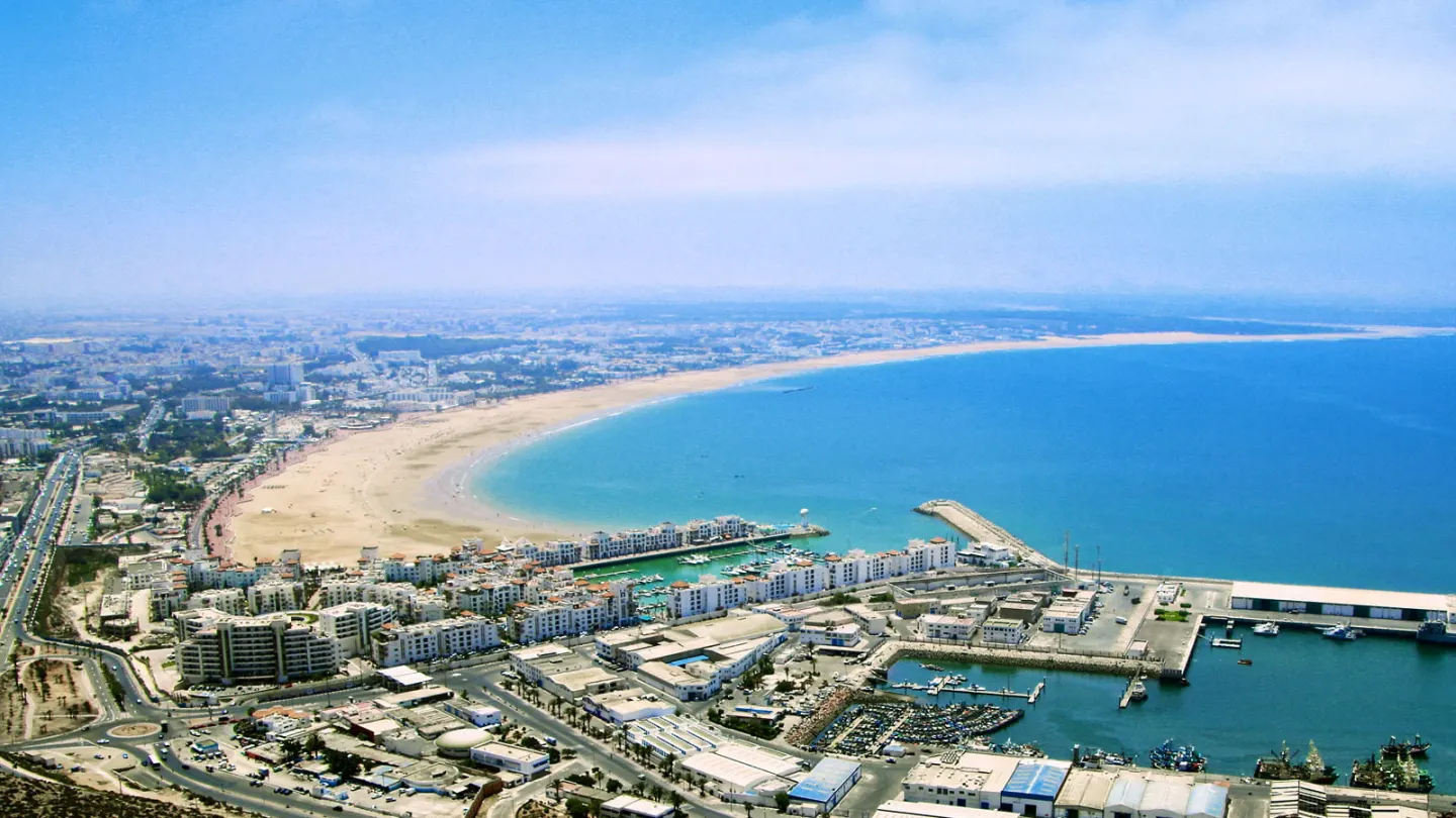 The crescent bay and beach of Agadir seen from above
